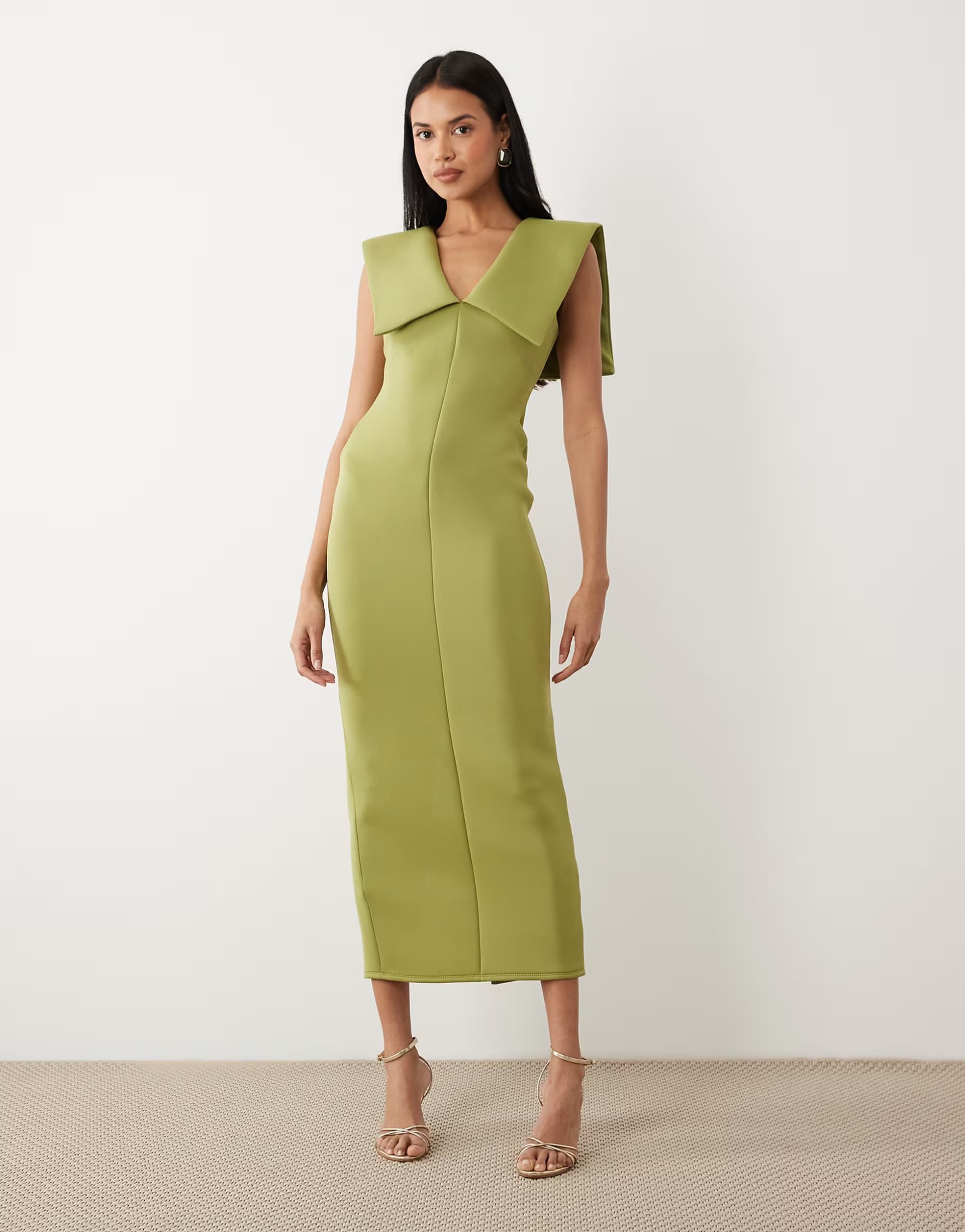 ASOS ASOS DESIGN plunge v neck midi dress with structured shoulder in olive scuba-style fabric
