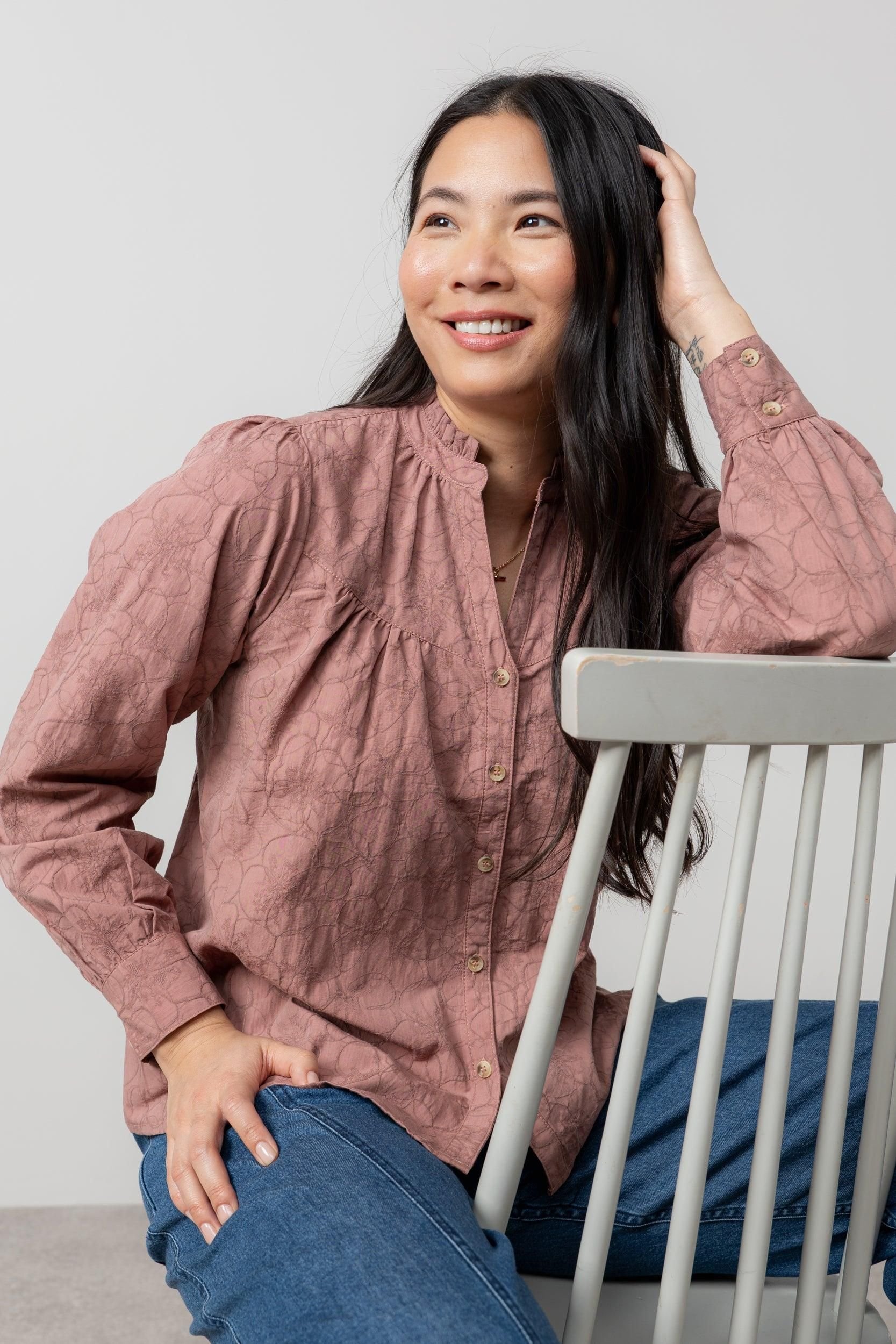 Lily & Me Lily & Me Women's Wayfaring Textured Jacquard Full Button Long Sleeve Blouse in Dusty Pink - 2