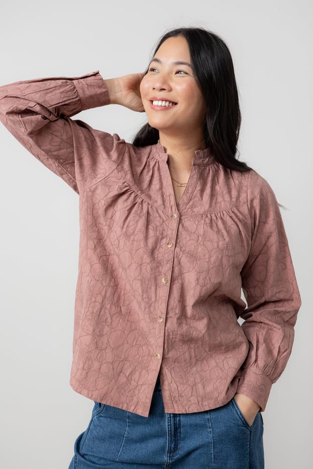 Lily & Me Lily & Me Women's Wayfaring Textured Jacquard Full Button Long Sleeve Blouse in Dusty Pink - 2
