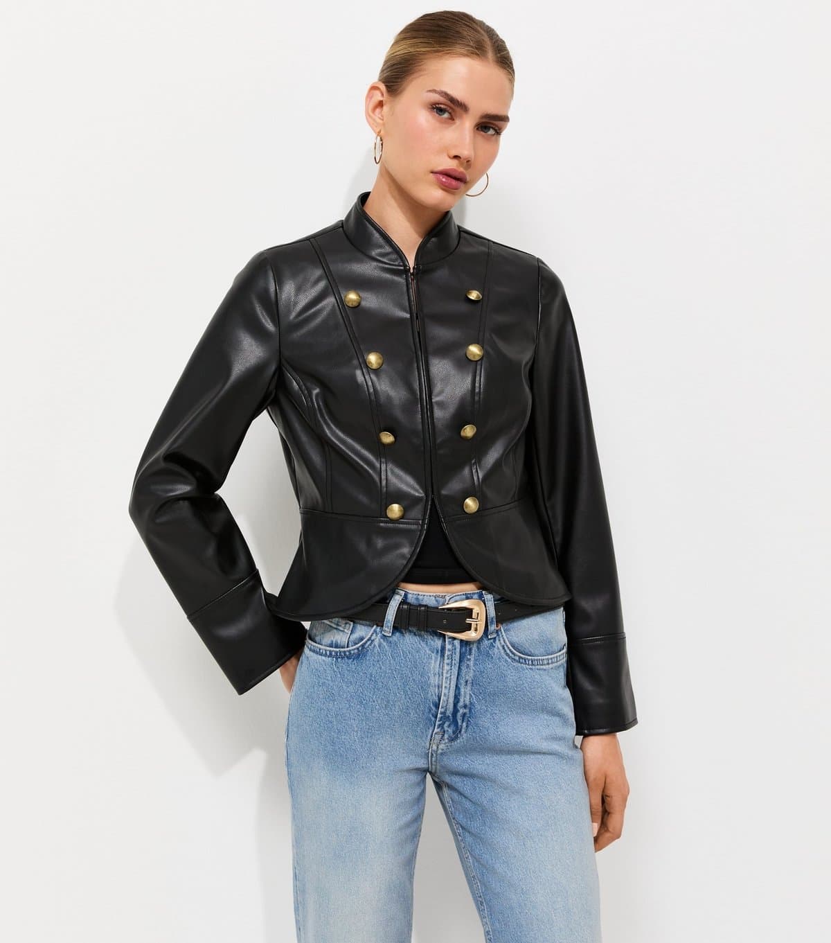New Look Women's Black Faux Leather Button Detail Fitted Jacket New Look