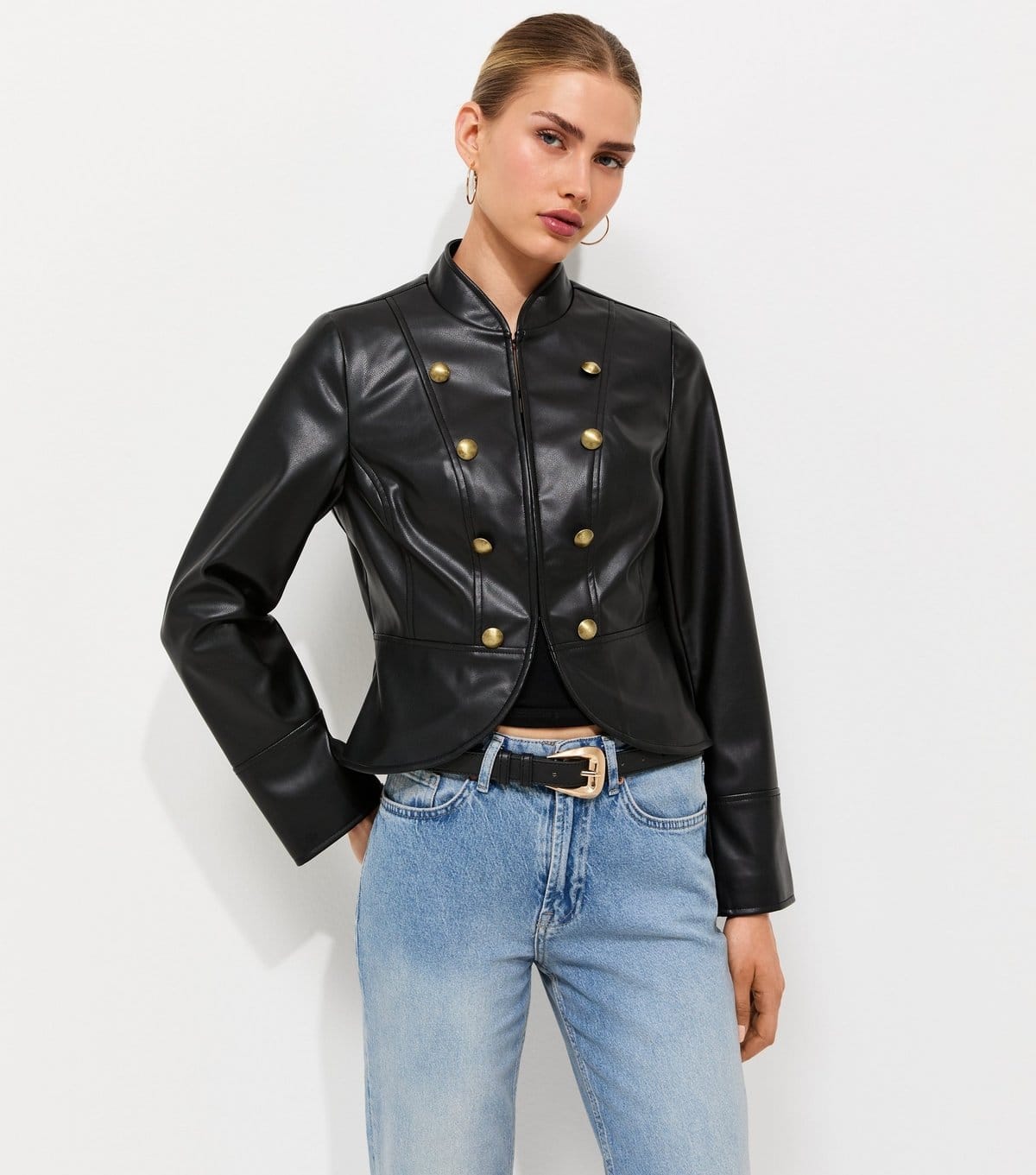 New Look Black Faux Leather Button Detail Fitted Jacket