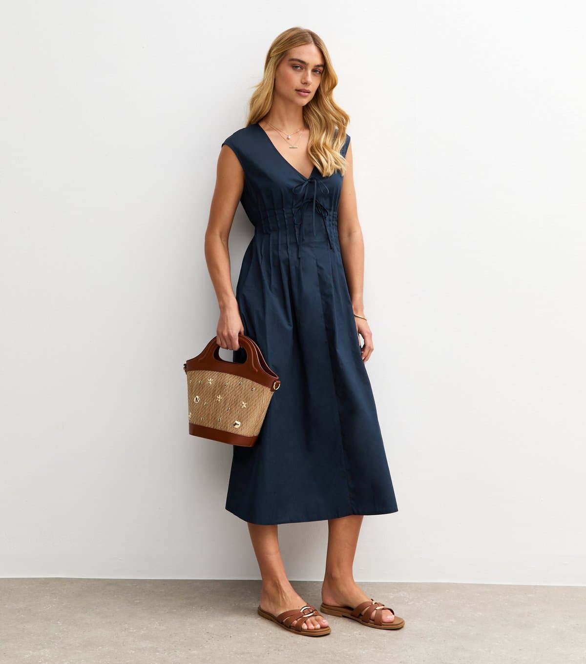 New Look Women's Navy Tie V-Neck Pintuck Midi Dress New Look