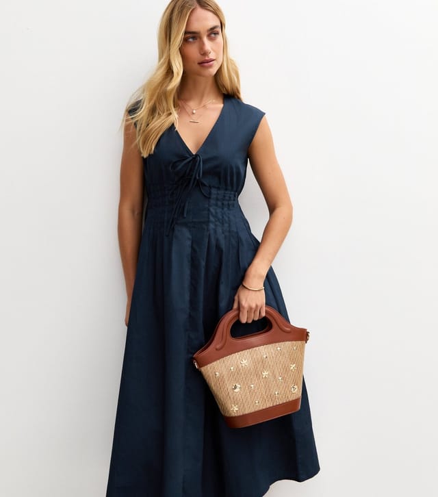 New Look Women's Navy Tie V-Neck Pintuck Midi Dress New Look - 3