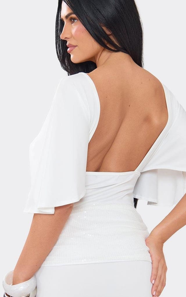 EGO Cape Sleeve Sequin Belt Detail Mini Dress In White, Women's Size UK 6 - 2