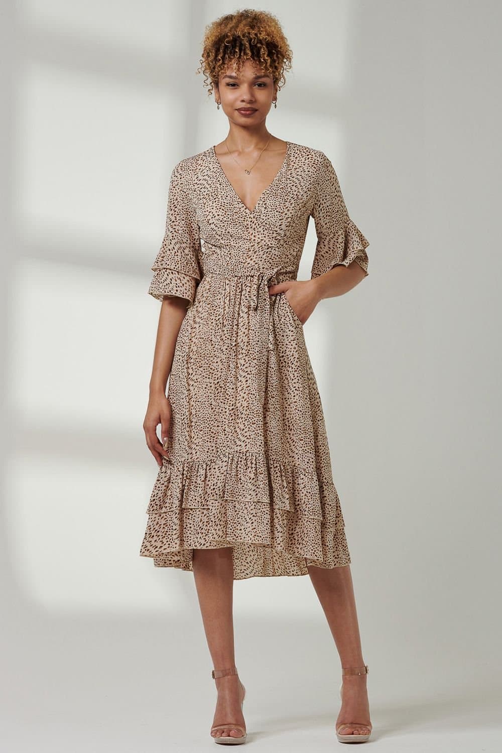 Jolie Moi Jolie Moi Women's Litzy Print Flute Sleeve Midi Dress in Camel