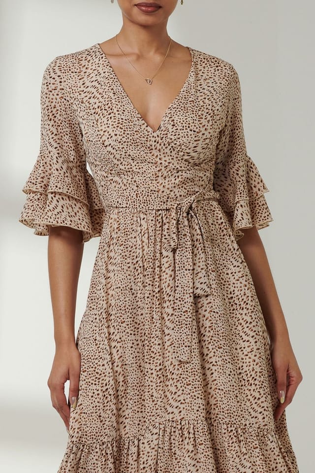 Jolie Moi Jolie Moi Women's Litzy Print Flute Sleeve Midi Dress in Camel - 3