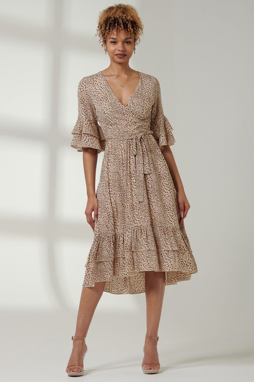 Jolie Moi Jolie Moi Women's Litzy Print Flute Sleeve Midi Dress in Camel - 4