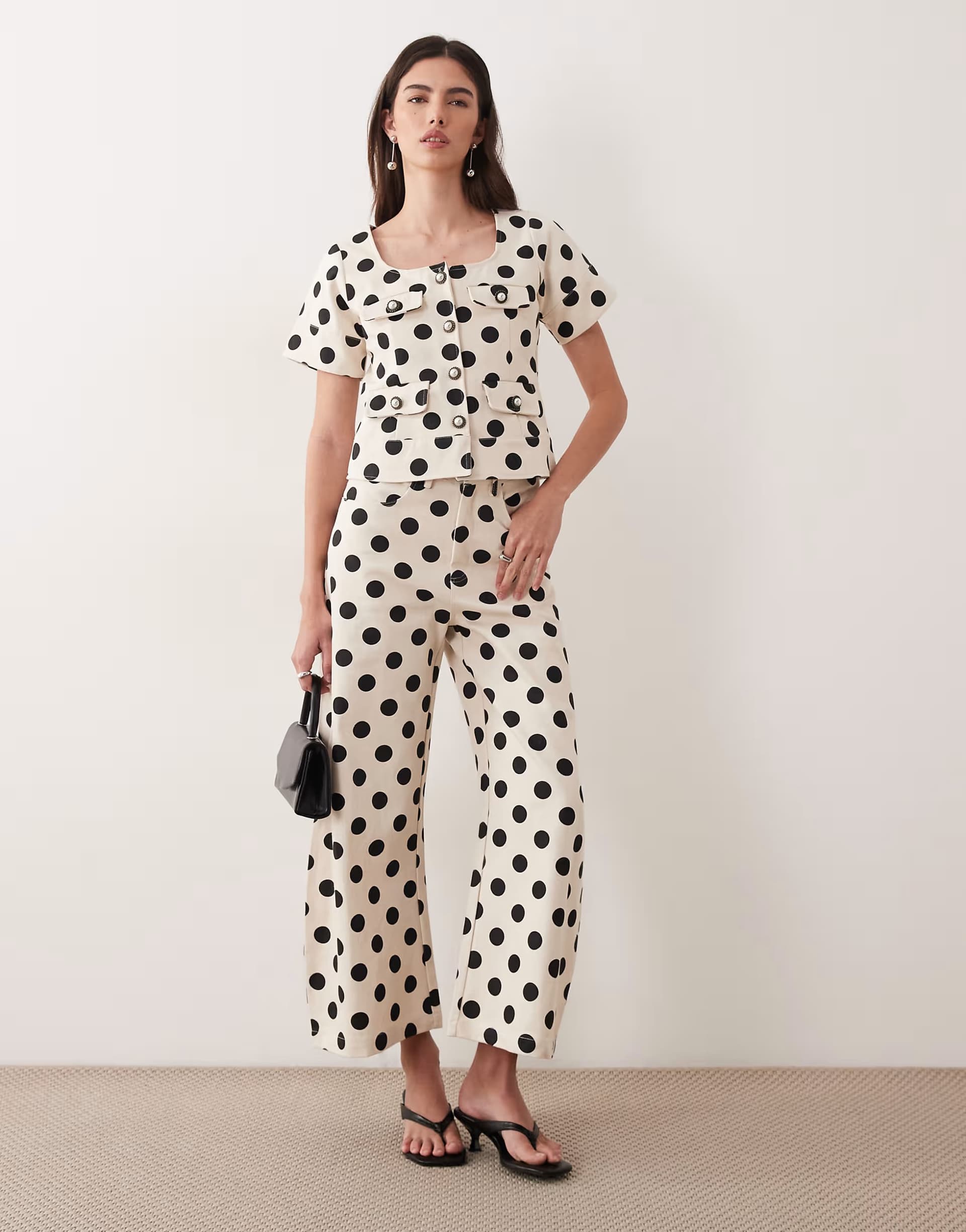 ASOS Sister Jane Denim polka dot button up top and barrel jeans co-ord