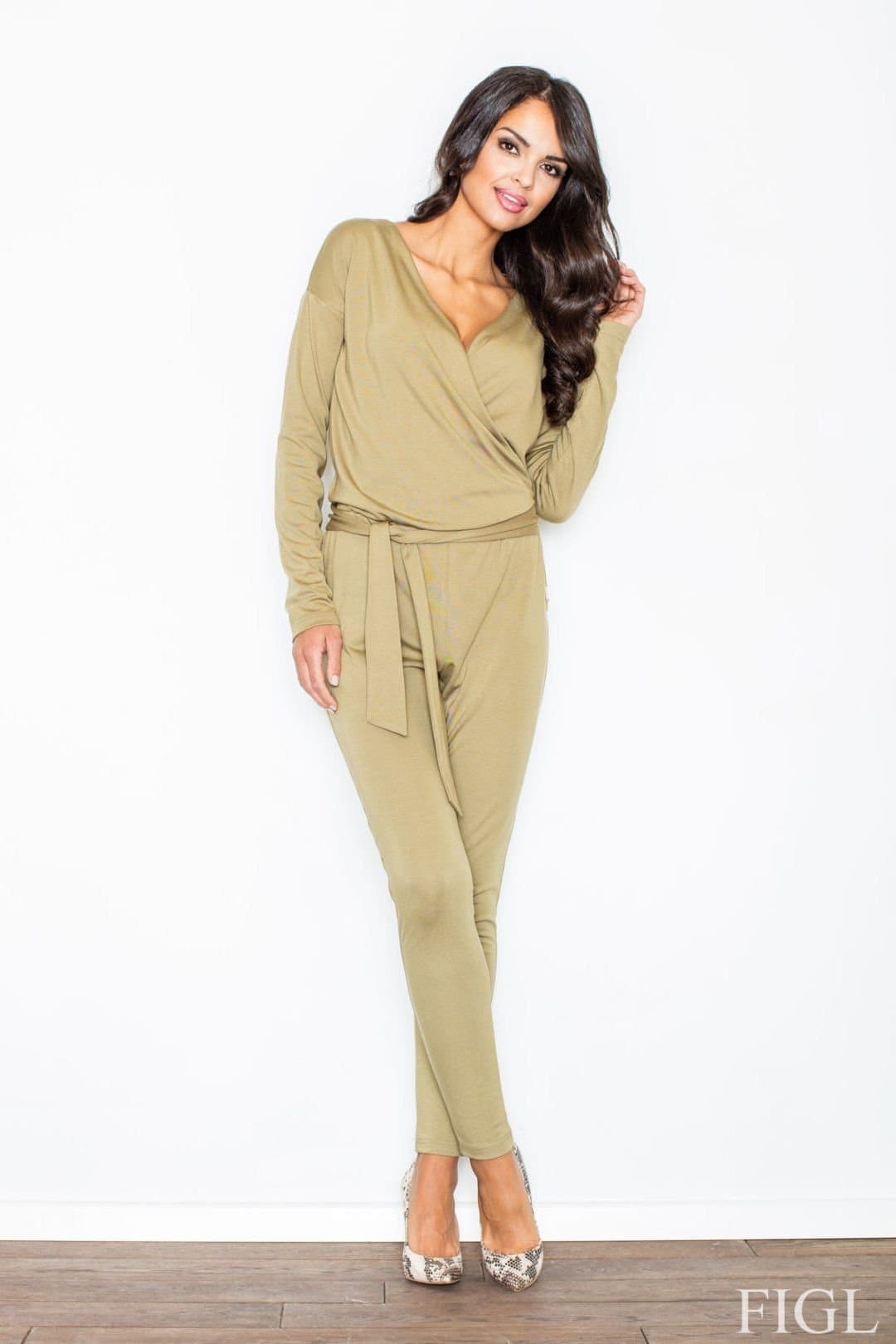 Love Lace Love Lace Women's Belted Triangle Neck Long Sleeve Jumpsuit Pockets in Khaki