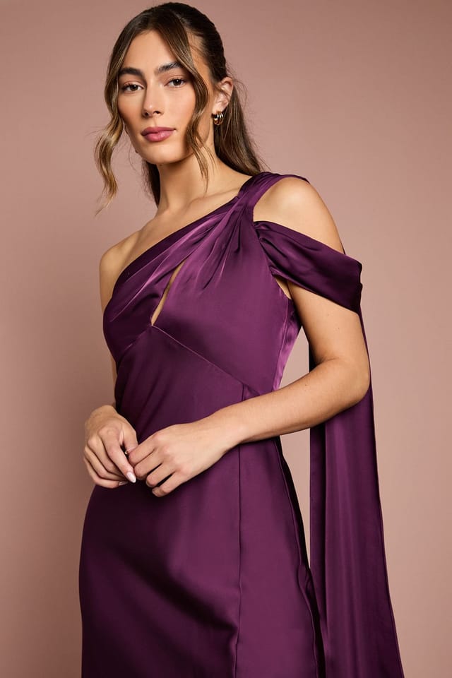 Coast Coast Women's Satin One Shoulder Fishtail Maxi Bridesmaid Dress with Drape Detail in Grape - 2