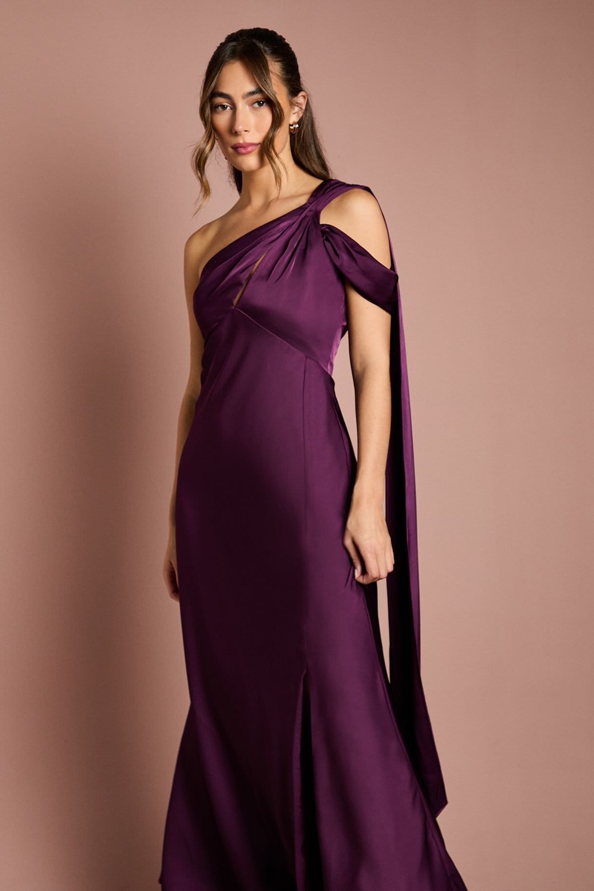 Coast Coast Women's Satin One Shoulder Fishtail Maxi Bridesmaid Dress with Drape Detail in Grape - 4