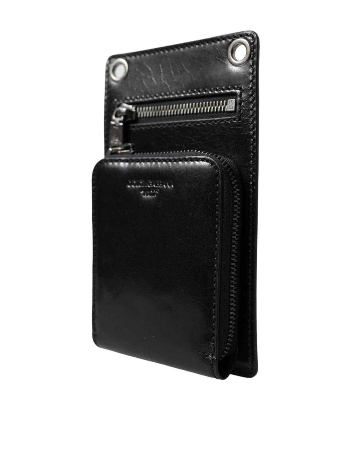 Dolce & Gabbana Dolce & Gabbana Men's Black Calf Leather Zip Logo Shoulder Neck Strap Wallet