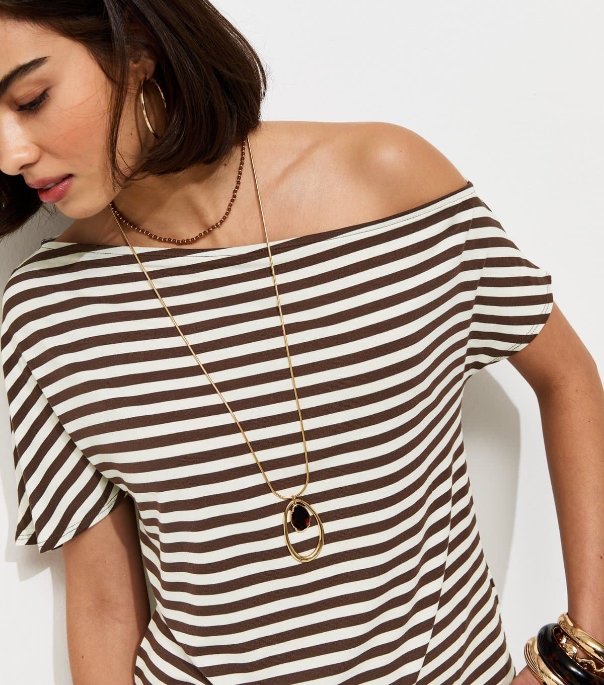 New Look New Look Brown Striped Jersey Off-The-Shoulder Top