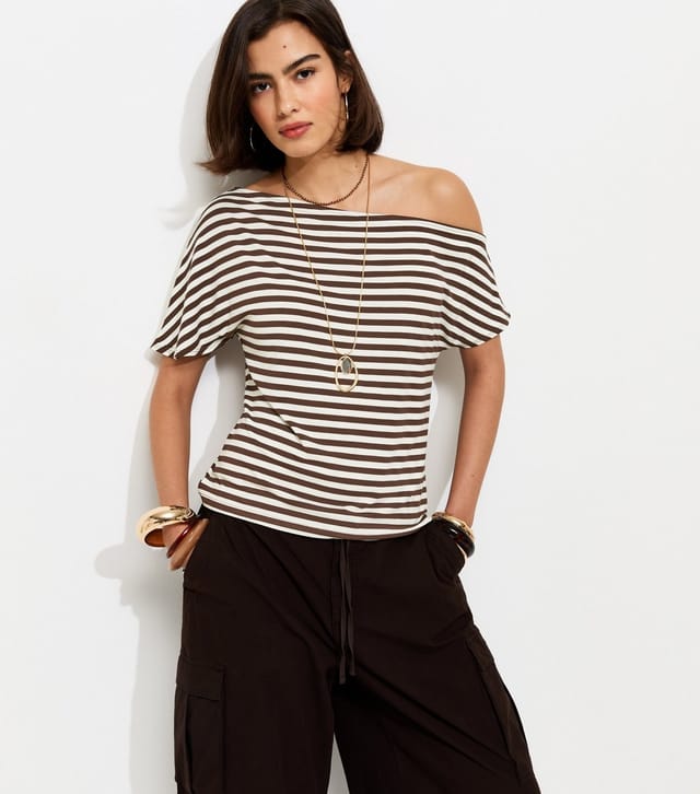 New Look Women's Brown Striped Jersey Off The Shoulder Top New Look - 2