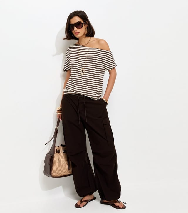 New Look Women's Brown Striped Jersey Off The Shoulder Top New Look - 3