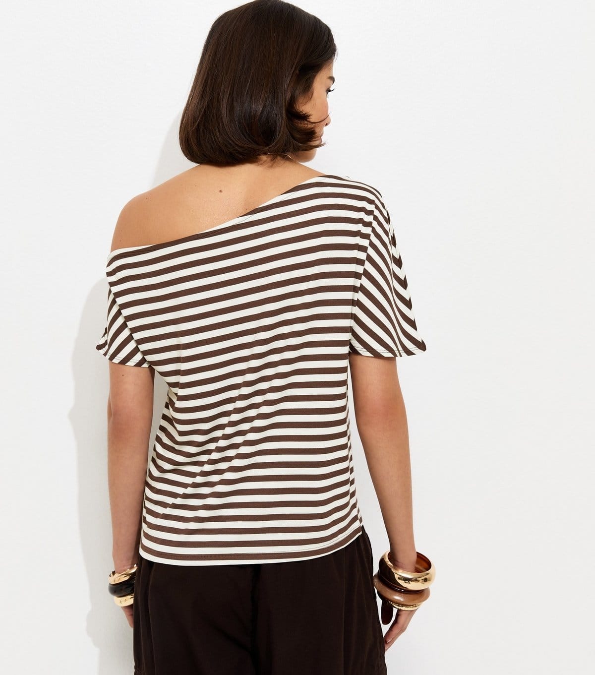 New Look Women's Brown Striped Jersey Off The Shoulder Top New Look - 4