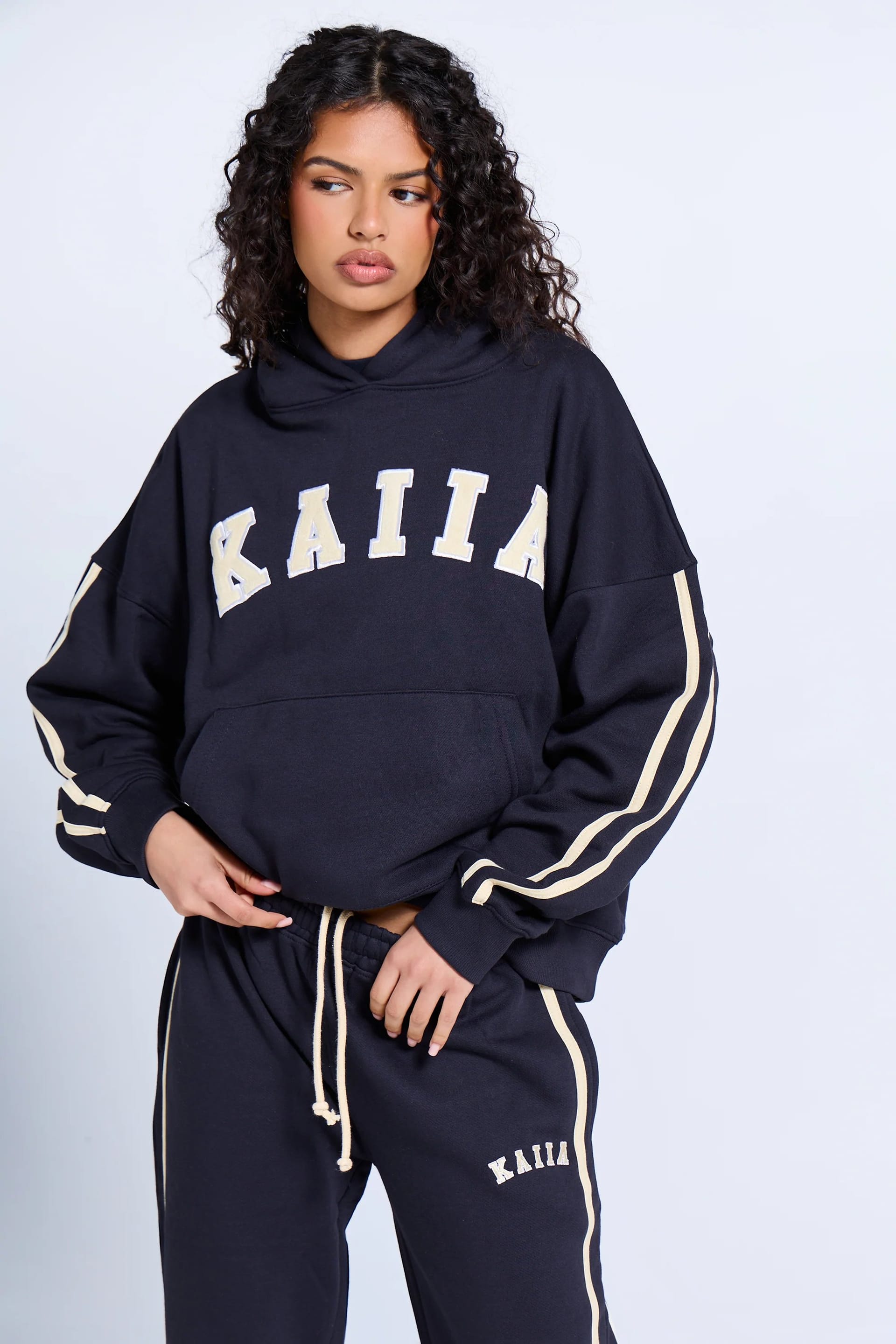 Kaiia Ink Blue & Lemon Slogan Side Stripe Oversized Hoodie
