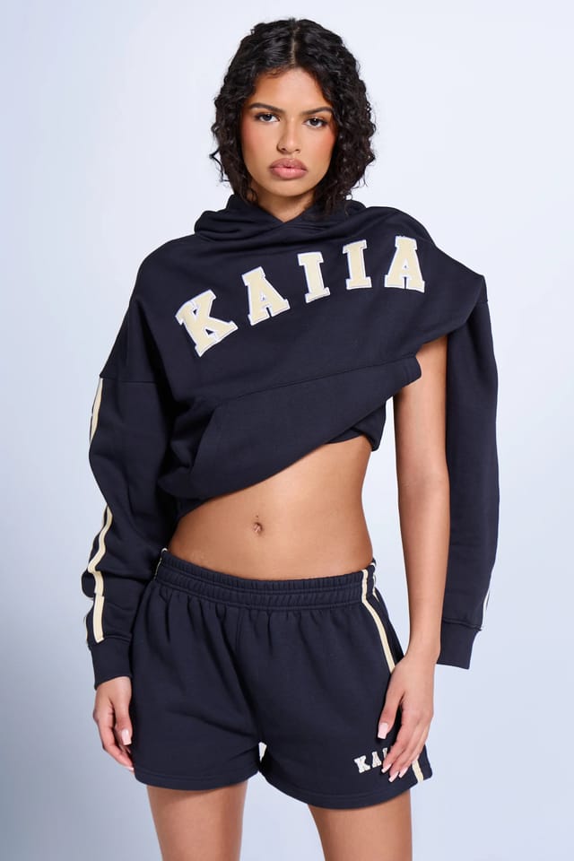 Kaiia Kaiia Slogan Side Stripe Oversized Hoodie Ink Blue & Lemon - 2