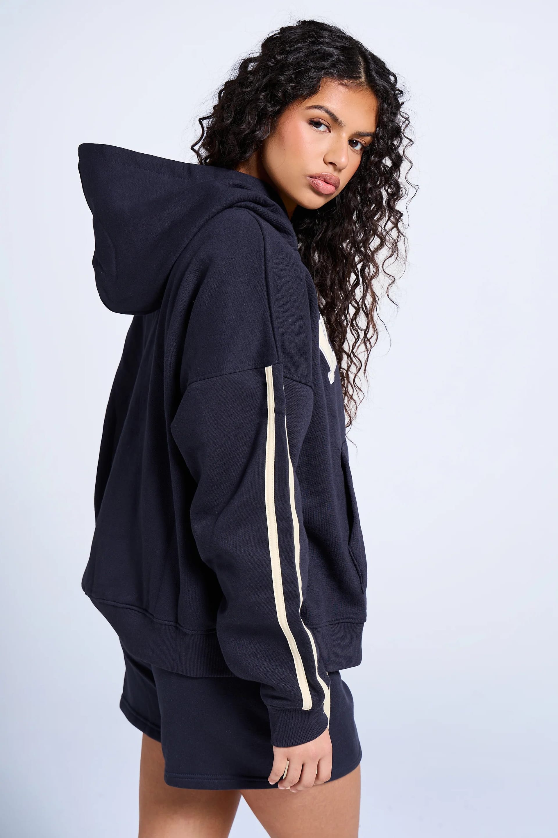 Kaiia Kaiia Slogan Side Stripe Oversized Hoodie Ink Blue & Lemon - 4