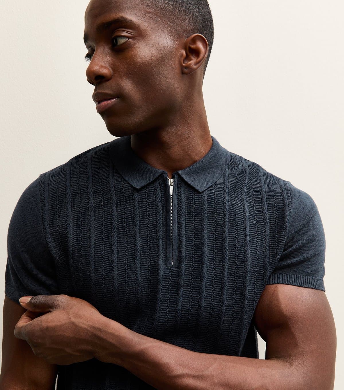 New Look Men's Navy Rib Knit Quarter Zip Polo Shirt New Look
