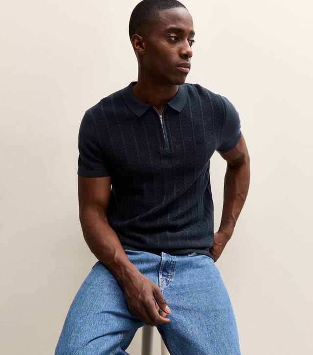 New Look Men's Navy Rib Knit Quarter Zip Polo Shirt New Look - 2