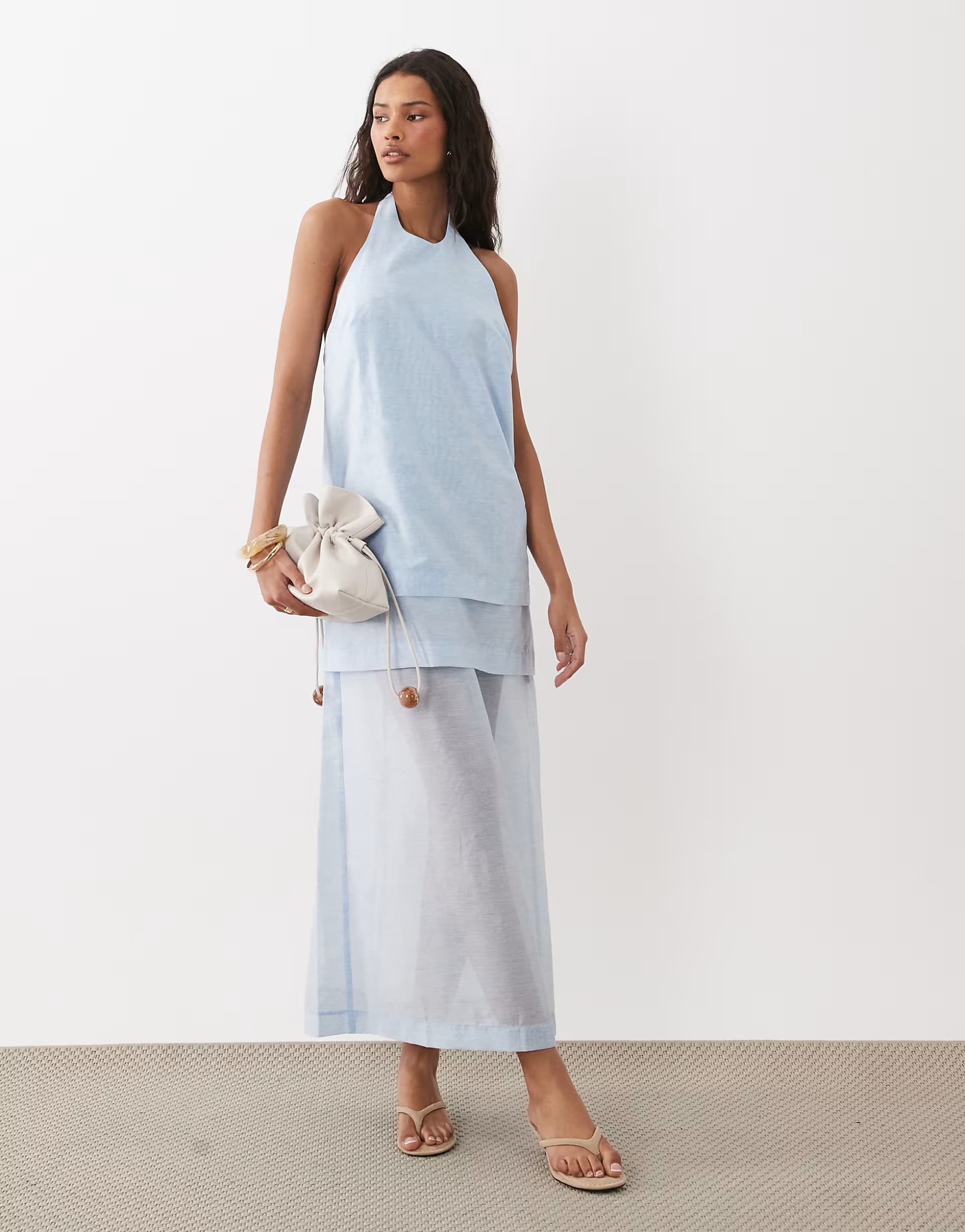 ASOS ASOS DESIGN layered halter neck column midi dress in light blue