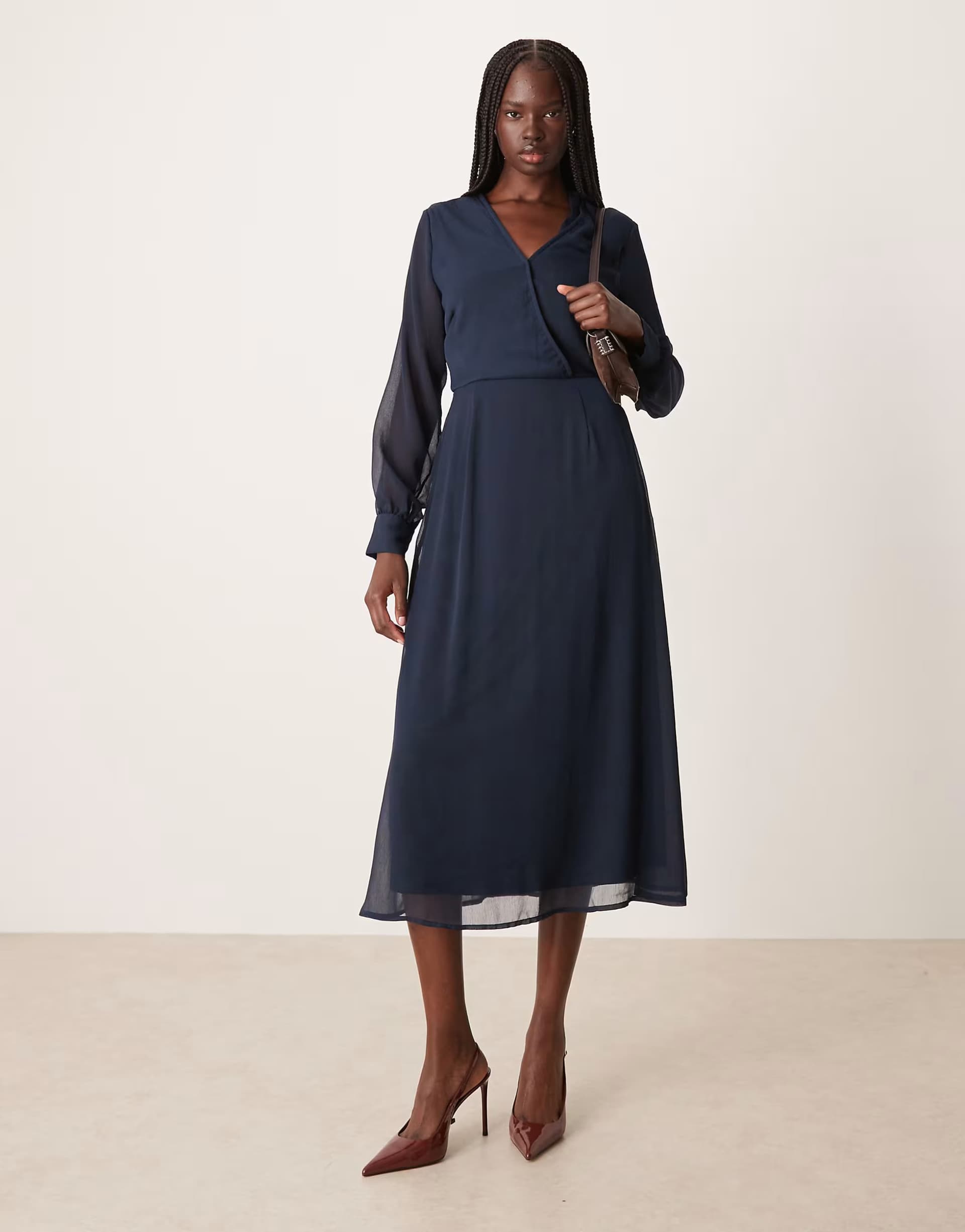 ASOS Vila long sleeve v-neck midi dress in navy