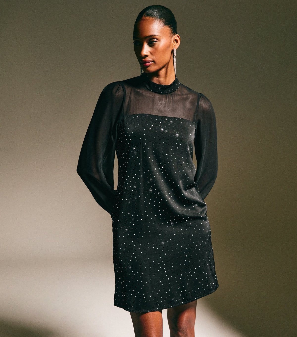 New Look Black Sheer Panelled Diamante Mini Dress