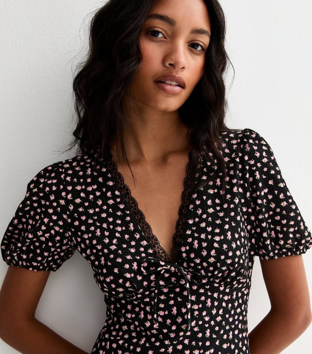 New Look Women's Black Ditsy Floral Lace Trim Mini Dress New Look - 2