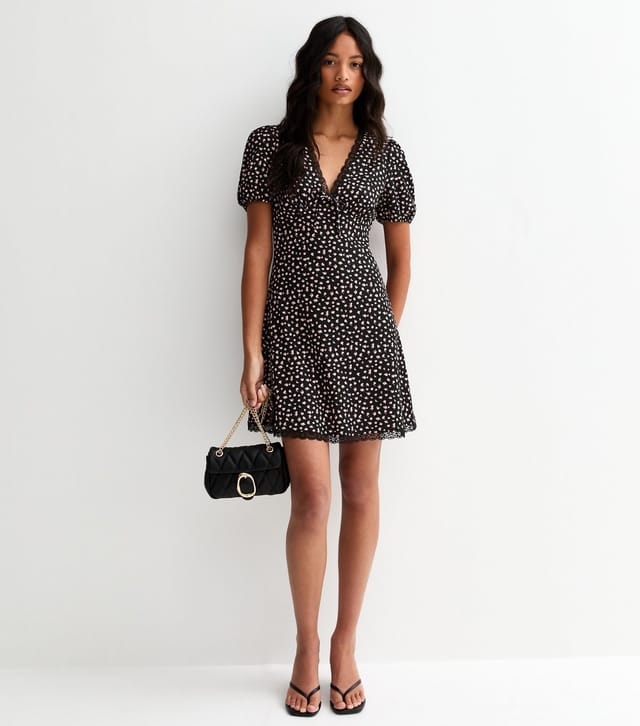 New Look Women's Black Ditsy Floral Lace Trim Mini Dress New Look - 3