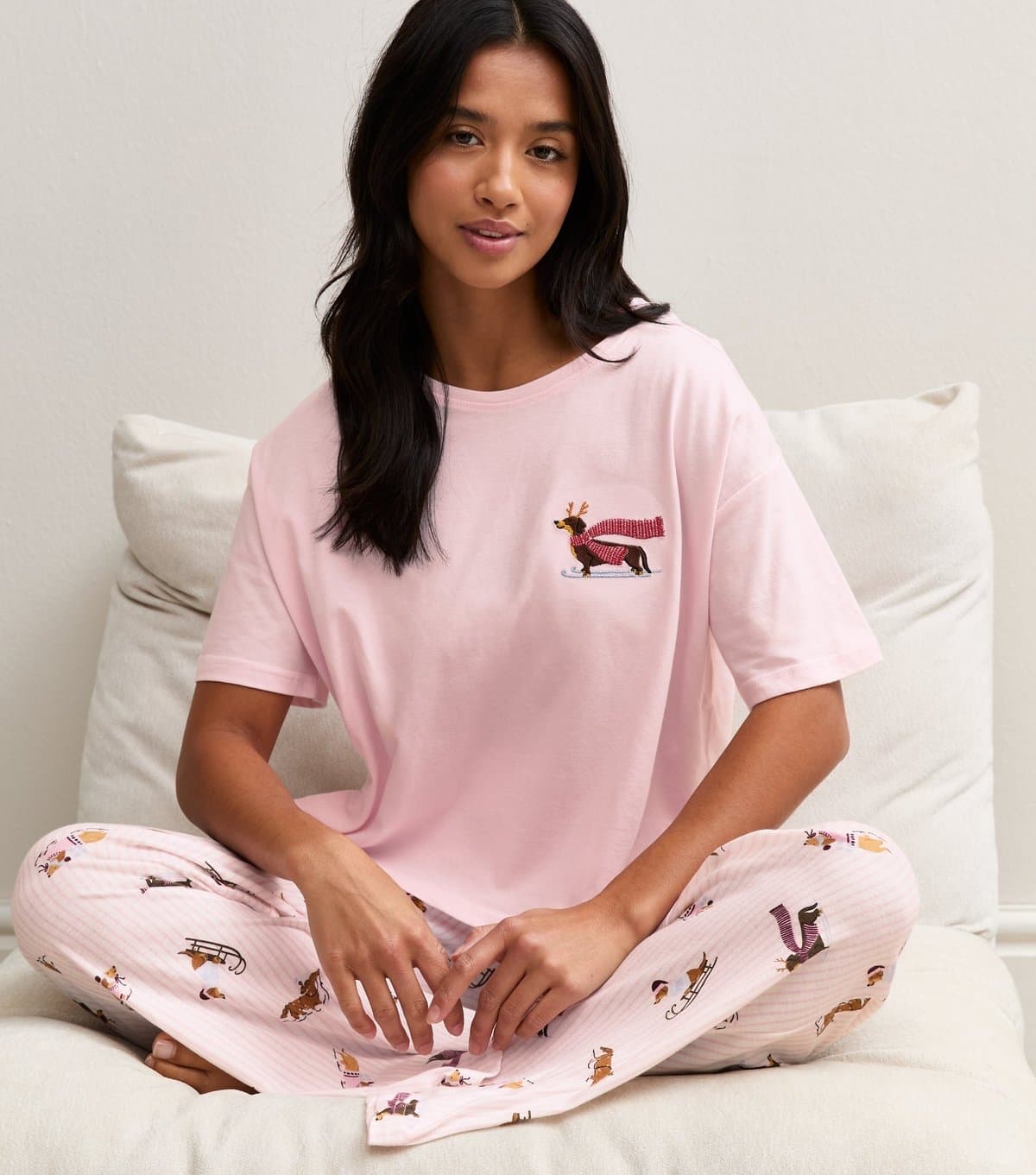 New Look Women's Petite Pink Cotton Sausage Dog Embroidered Short Sleeve Pyjama Set New Look
