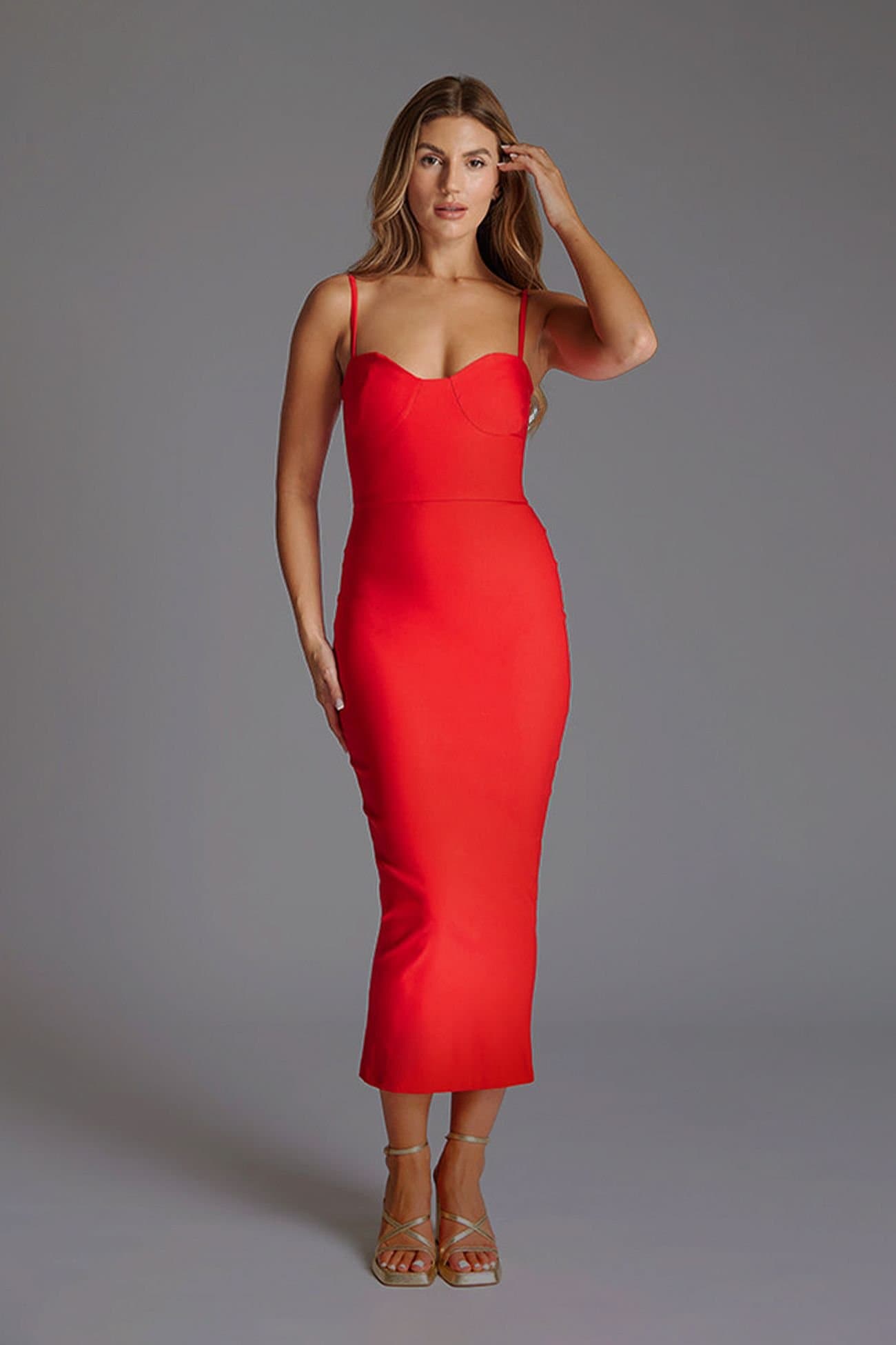 Vesper Vesper Women's Sweetheart Neckline Spaghetti Strap Midaxi Dress in Red