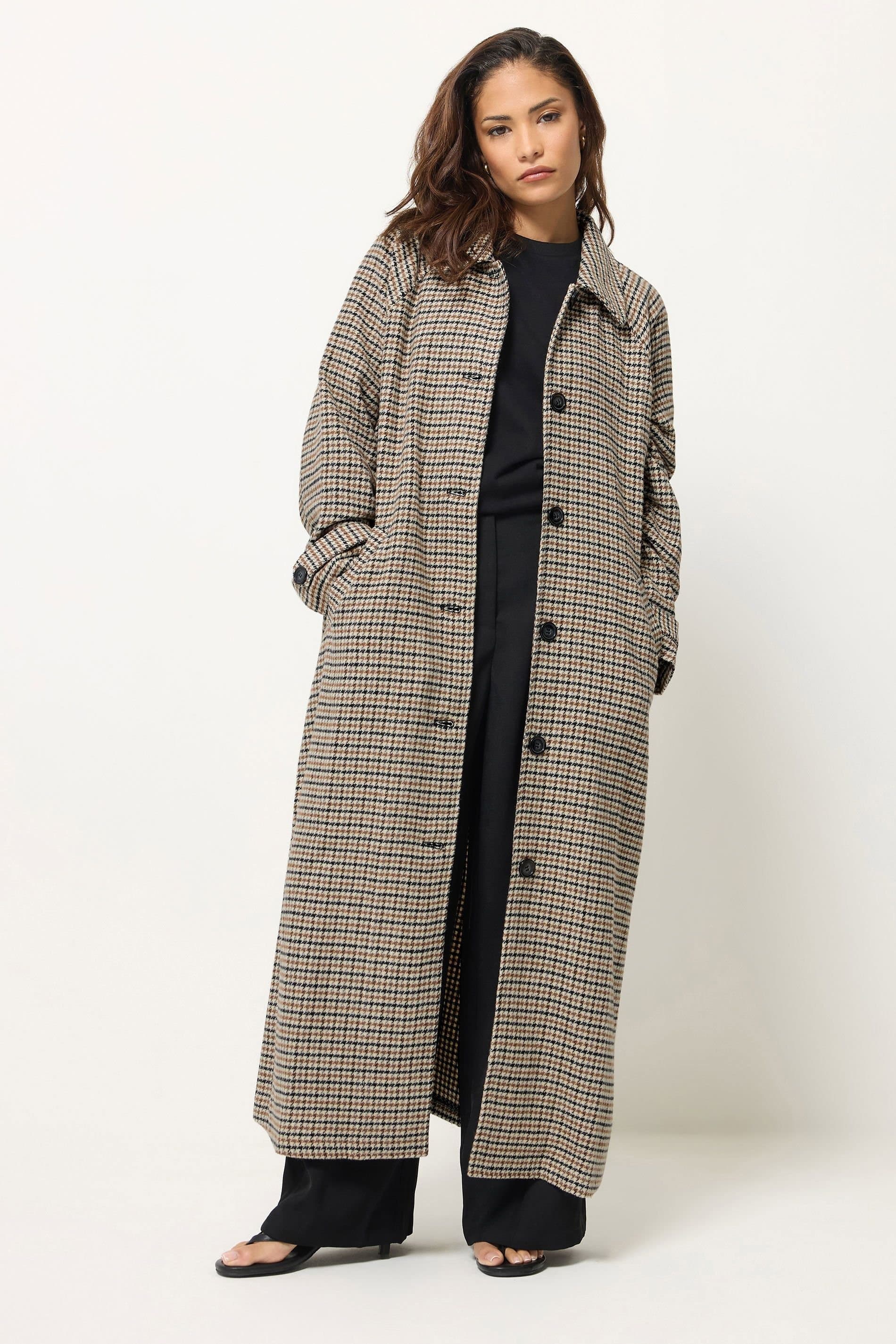 PixieGirl PixieGirl Women's Petite Check Maxi Coat in Brown