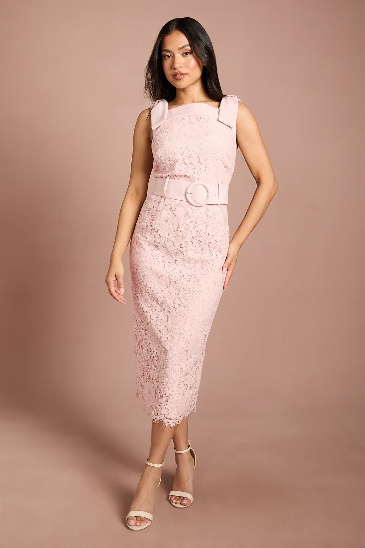 Coast Coast Women's Petite Bow Shoulder Belted Lace Dress in Blush