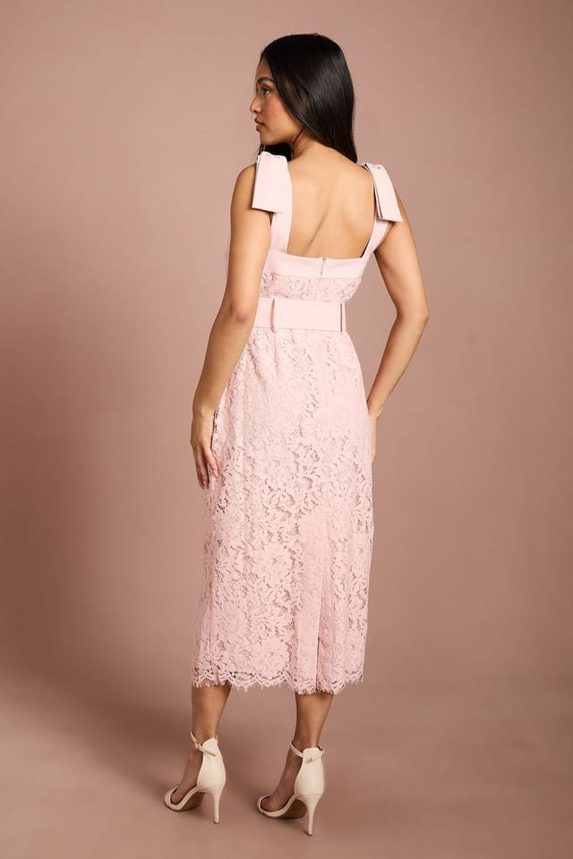Coast Coast Women's Petite Bow Shoulder Belted Lace Dress in Blush - 3