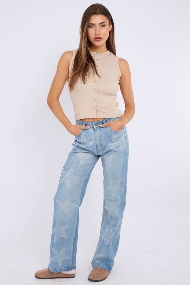 STYLEWISE STYLEWISE Women's Star Studded Wide Leg Denim Jeans in Blue - 2