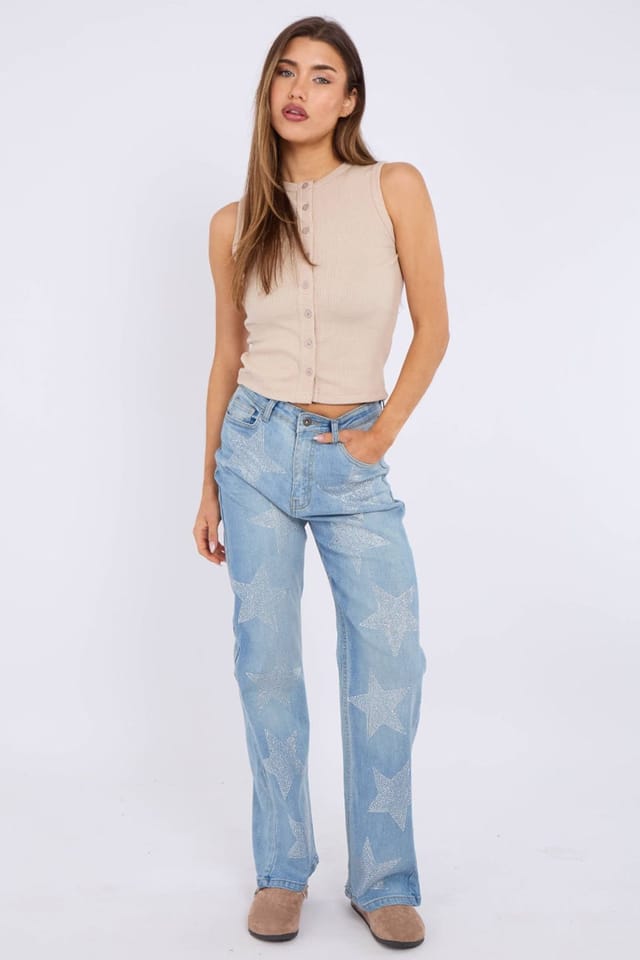 STYLEWISE STYLEWISE Women's Star Studded Wide Leg Denim Jeans in Blue - 3