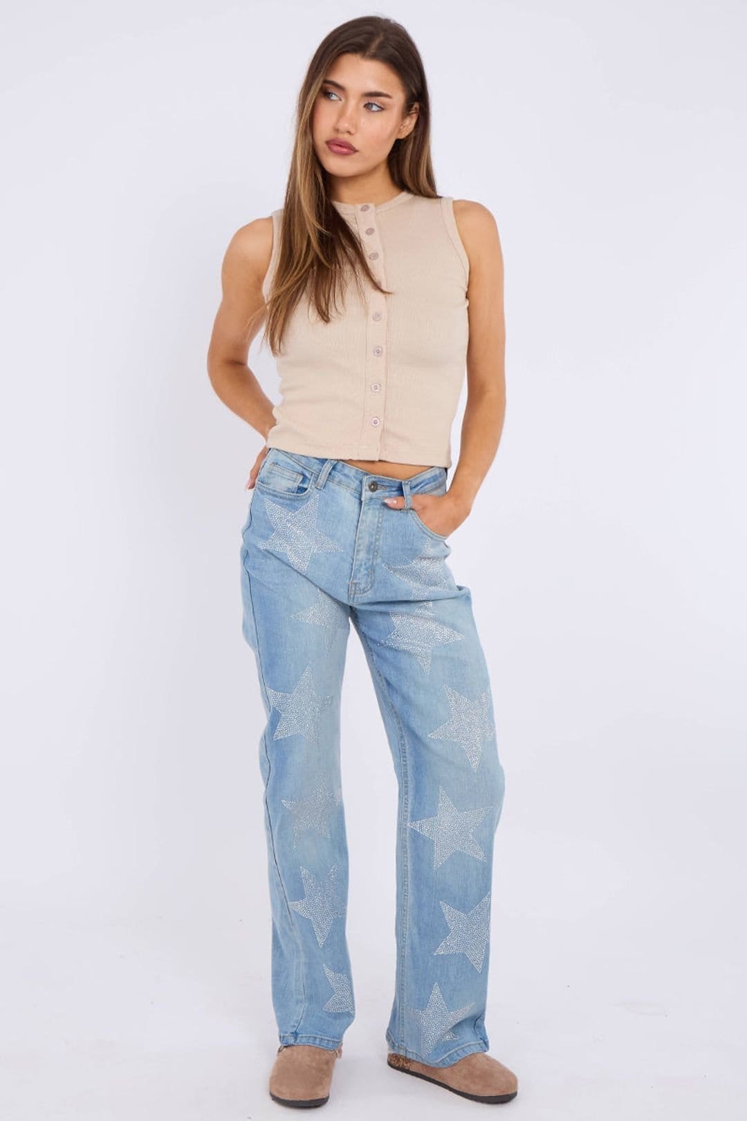 STYLEWISE STYLEWISE Women's Star Studded Wide Leg Denim Jeans in Blue - 4