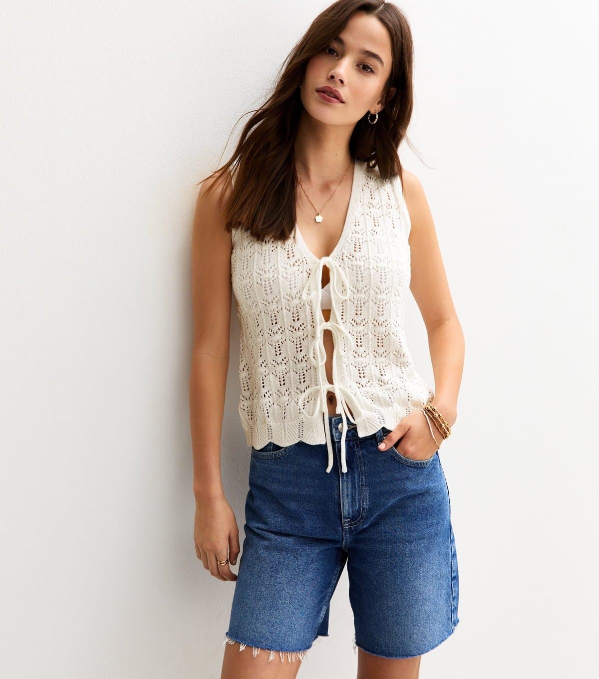Sunshine Soul Women's White Crochet Knit Tie Front Vest Sunshine Soul New Look