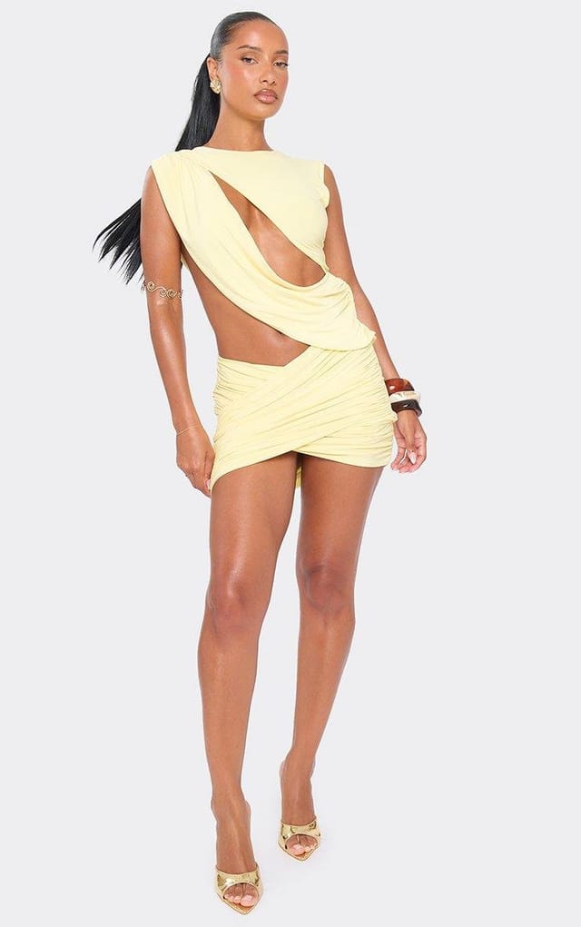 EGO Sleeveless Cut Out Draped Front Mini Dress In Lemon, Women's Size UK 6 - 2