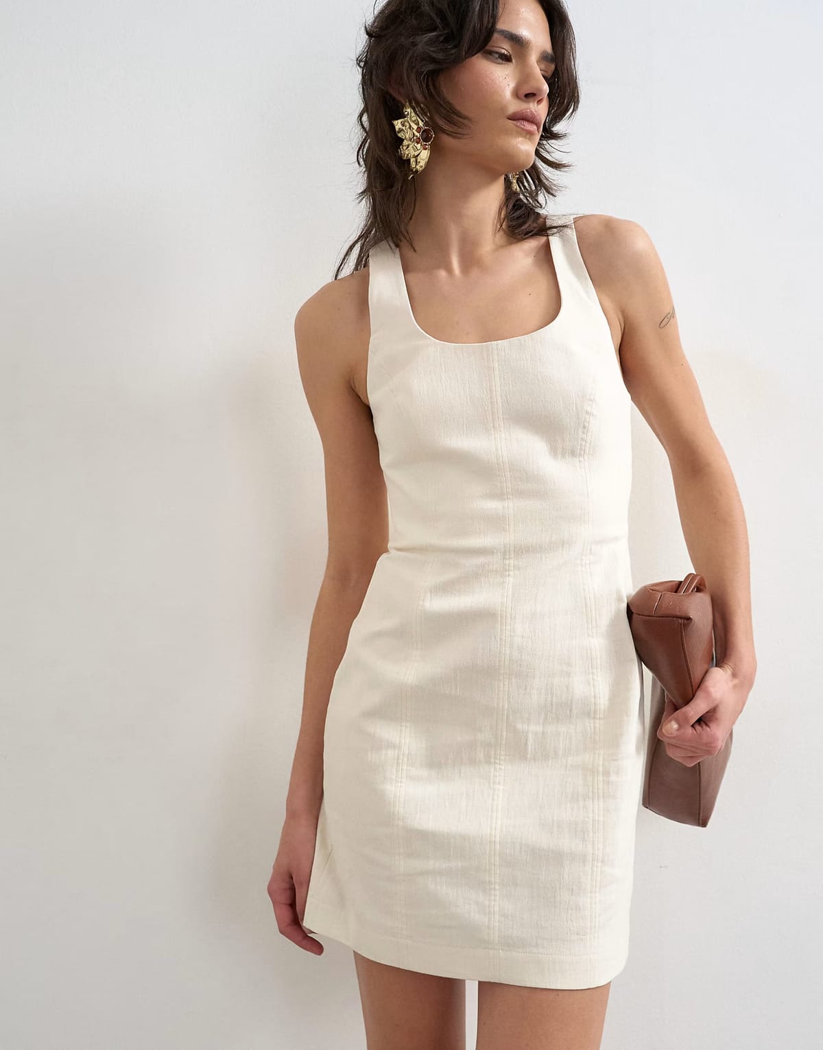 ASOS Topshop cotton scoop neck heavy twill seamed mini dress in off white - 1