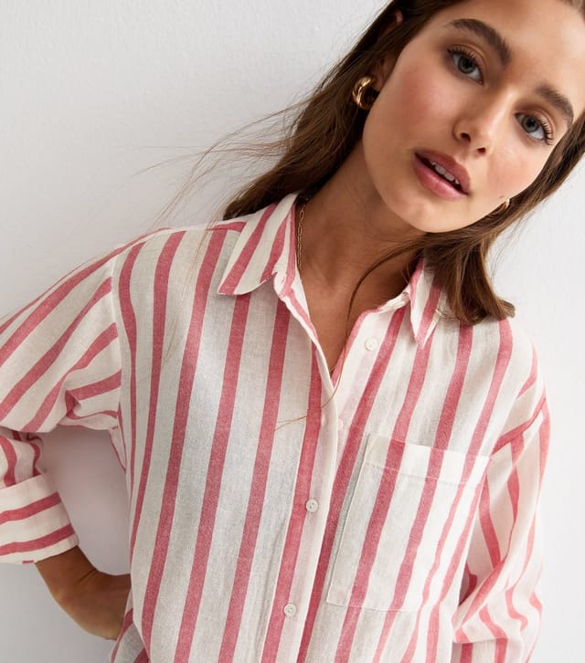 New Look Women's White and Pink Cotton Striped Long Sleeve Shirt New Look - 2