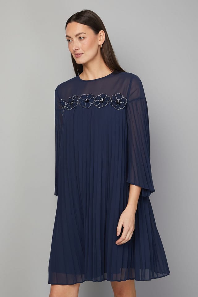 Wallis Wallis Women's Pleated Floral Trim Shift Dress in Navy - 2