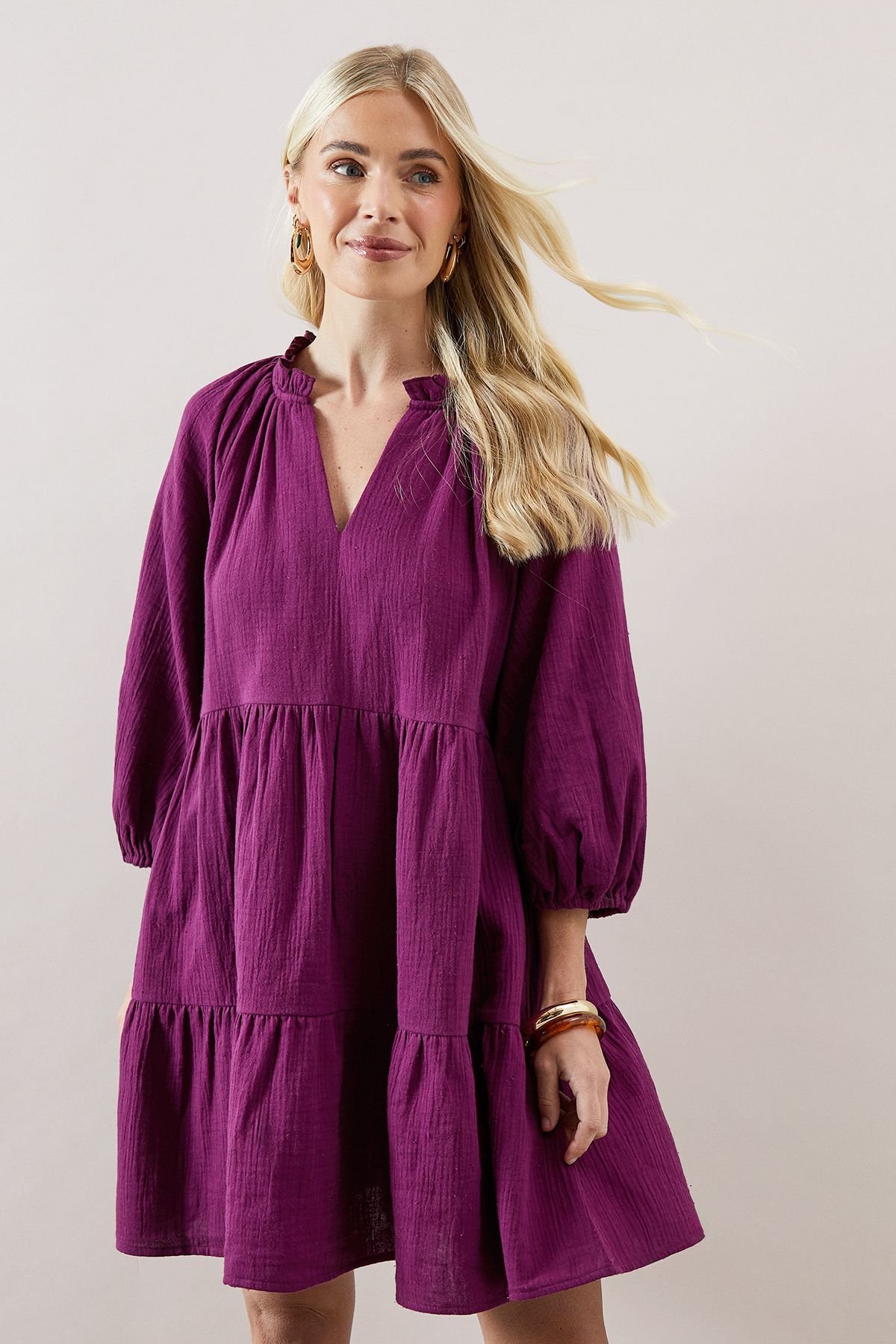 Wallis Wallis Women's Petite Textured Tiered Smock Dress in Plum - 2