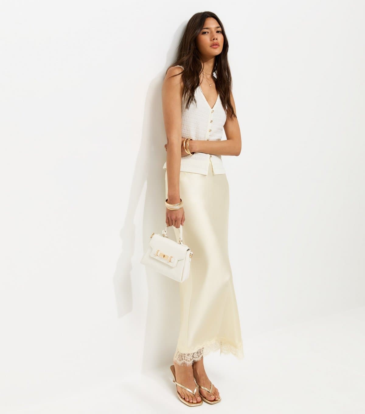 New Look New Look Cream Satin Lace Hem Midi Skirt