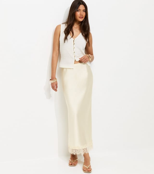 New Look Women's Cream Satin Lace Hem Midi Skirt New Look - 3