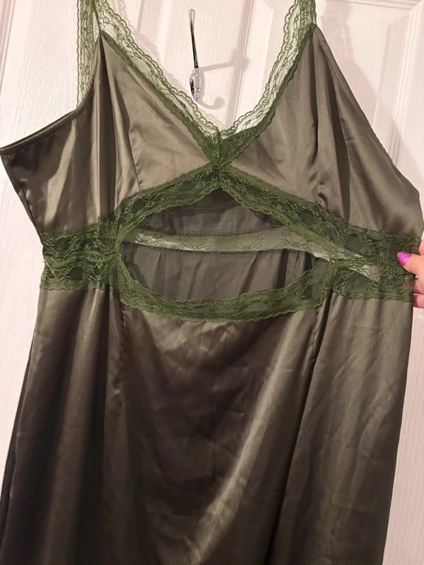 Never Fully Dressed Dark Olive Satin and Lace Midi Dress