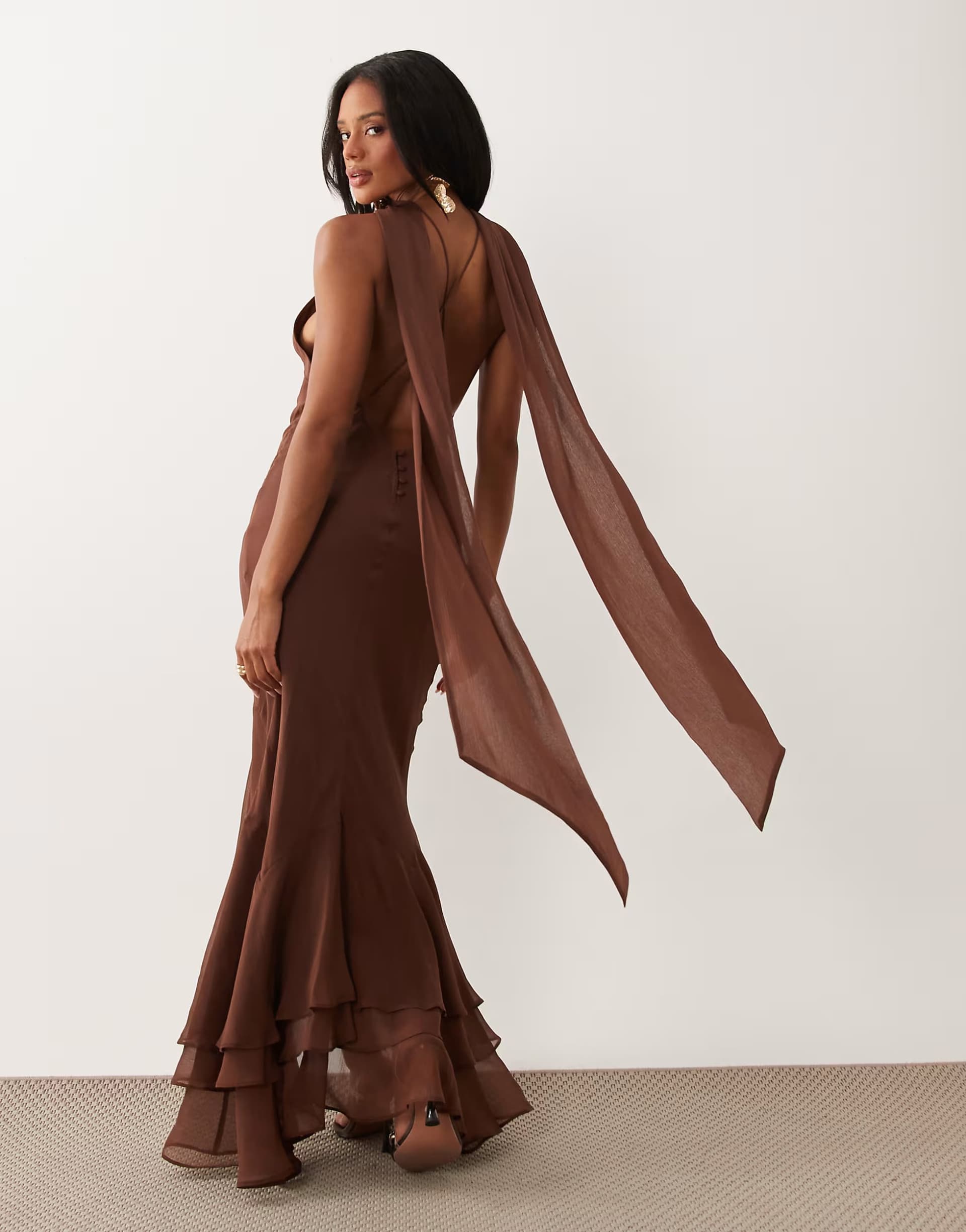 ASOS ASOS DESIGN halter maxi dress with scarf detail and ruffle hem in bitter chocolate