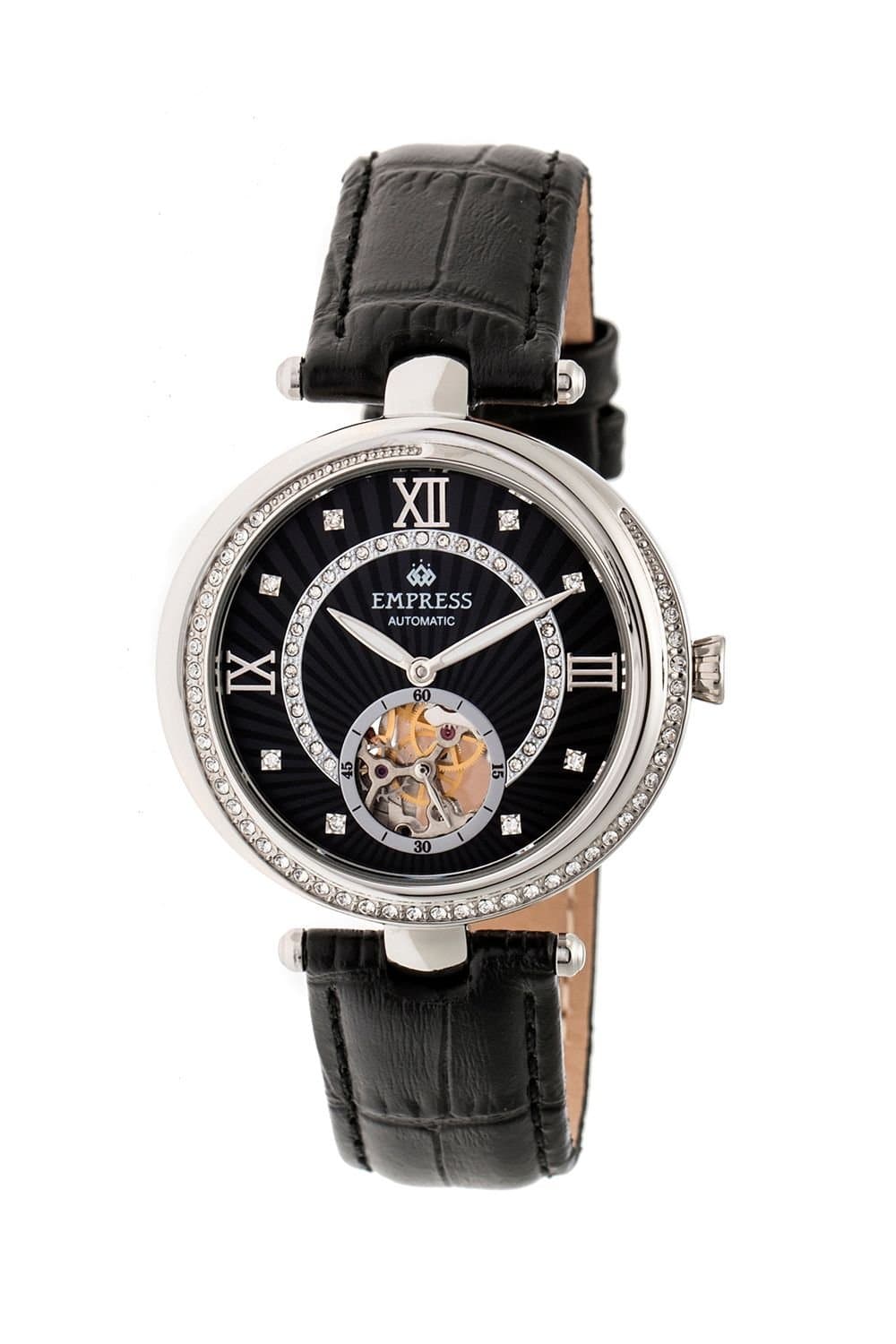 Empress Empress Women's Stella Automatic Semi-Skeleton MOP Leather-Band Watch in Black