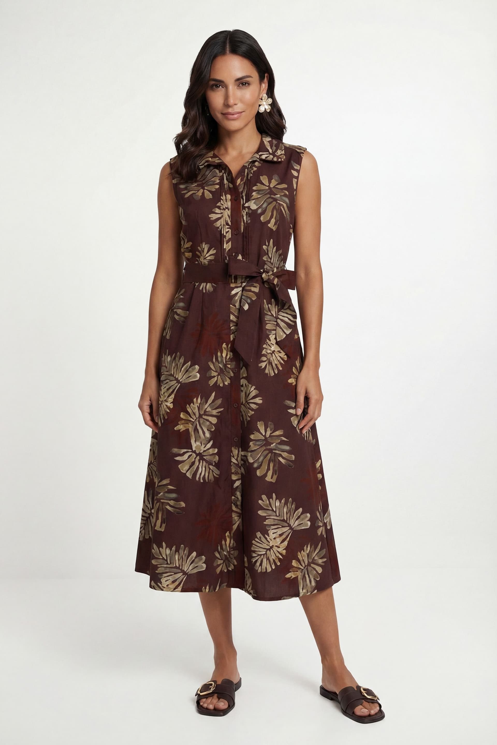 Wallis Wallis Women's Summer Cotton Palm Shirt Dress in Brown